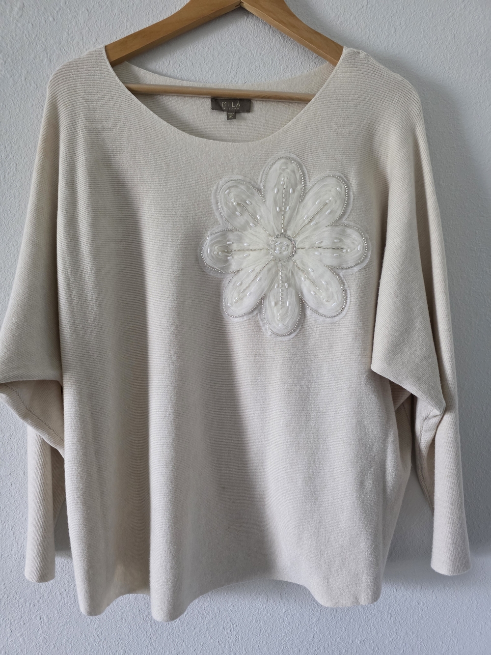 Mila Milano Cream Embellished Flower Sweater - Women's